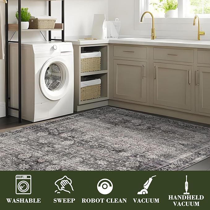 GarveeHome Area Rugs 2x3 Vintage Printed Floor Carpet with Non-Slip Backing, Stain-Resistant Oriental Throw Doormat, Washable Farmhouse Low Pile Rugs for Living Room, Bedroom, Office, Green Camel