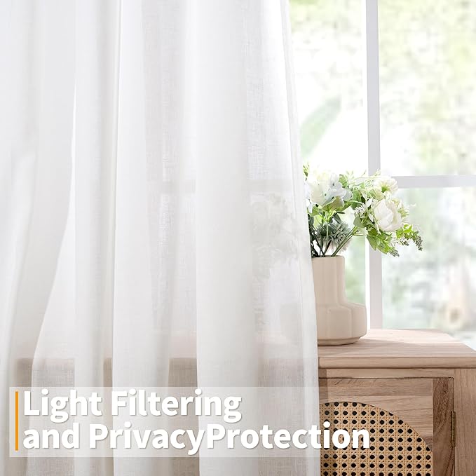 YoungsTex White Linen Semi Sheer Curtains 45 Inches Length for Kitchen Window, Short Light Filtering Drapes with Grommet Lightweight for Bedroom Cafe Bathroom, 2 Panels, 42 X 45 Inch
