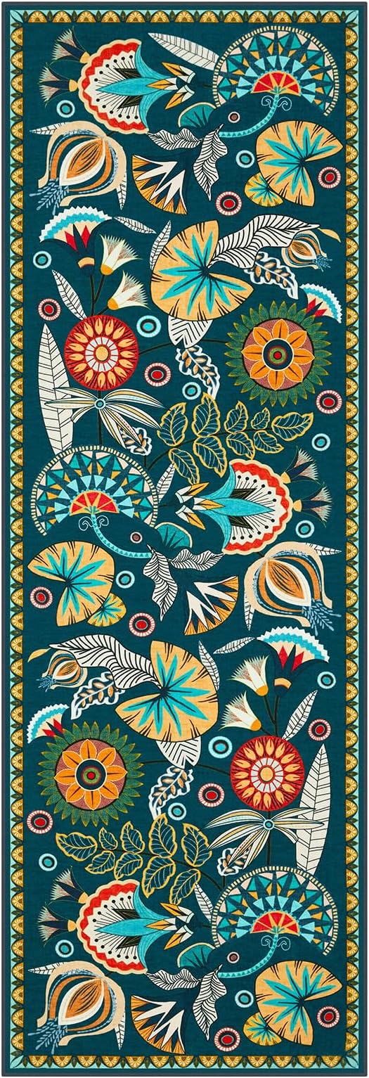 Joydeco Egypt Floral Boho 2x8 Bathroom Hallway Runner Rug Non Slip, Washable Dark Green Kitchen Rug Runner, Vintage Ultra-Thin Long Carpet for Entryway Laundry Bath Room Bed Beside