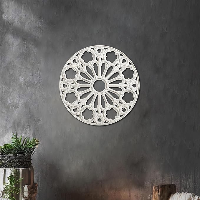 XIAOAIKA Wood Round Decorative Wall Sculpture, Hand-Carved Floral Geometric Design with Distressed White Finish, Vintage Farmhouse Boho Wall Art for Living Room Bedroom Hallway, 16 Inch