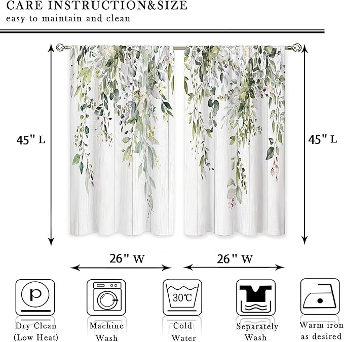 Rustic Wooden Eucalyptus Botanical Leaves Floral Kitchen Window Curtains Farmhouse Flower Leaf Small Treatment Sage Green Cafe Short Curtains for Bathroom Treatment Tier Drapes 26x45 inch
