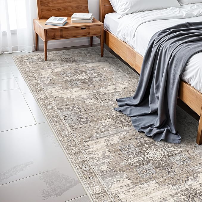 RUUGME Washable 3X12 Runner Rugs - Large Boho Rugs for Living Room Stain Resistant Carpet Vintage Tribal Rugs for Bedroom Kitchen Bathroom Non Slip Backing Home Decor Floor Decoration Mat 3X12 Beige