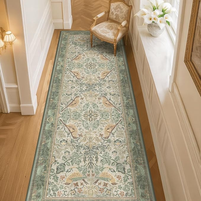 Hazo Haus 2'6"x8' Long Hallway Runner Rug - Vintage Botanical Wide Runners for Kitchen Bedroom Hall Way, Washable Non Slip with Rubber Backing, Light Green Sage Floral Décor