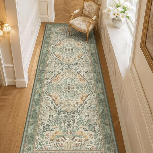 Hazo Haus 2'6"x8' Long Hallway Runner Rug - Vintage Botanical Wide Runners for Kitchen Bedroom Hall Way, Washable Non Slip with Rubber Backing, Light Green Sage Floral Décor