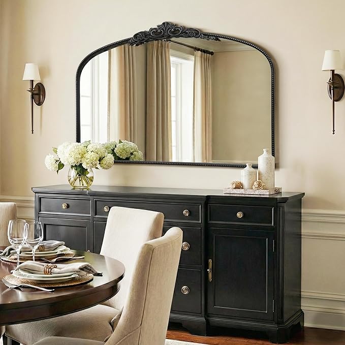 Micasso Large Vintage Black Mirror: 48"x 33" French Baroque Antique Mirror - Traditional Ornate Decorative Wall Mounted Arched Mirrors for Wall/Fireplace/Entryway/Hallway - Home Decor for Living Room