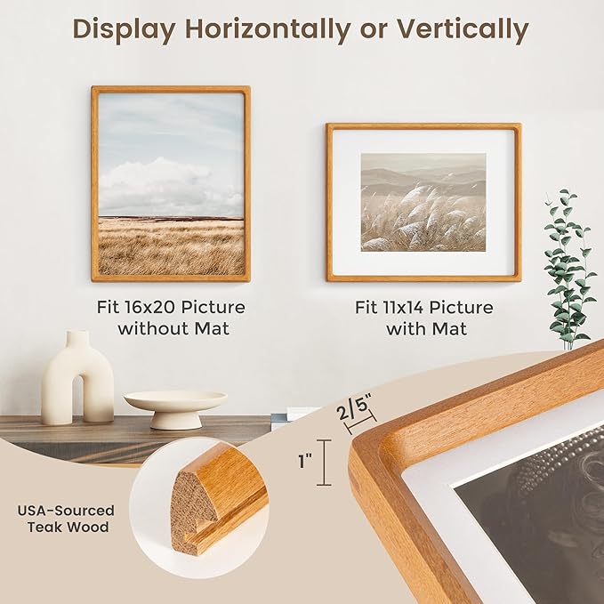 16 x 20 Picture Frame, USA-Sourced Teak Wood Photo Frames with HD Tempered Glass, Handcrafted Rounded Corner 16x20 Wooden Frames Matted to 11x14 Photos, Horizontal or Vertical Wall Display