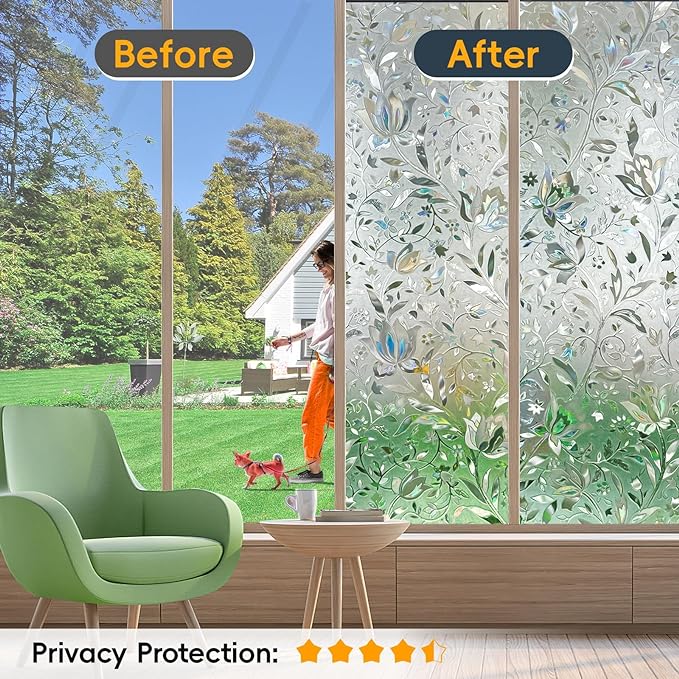 Rainbow Window Privacy Film Decorative, Stained Glass Windows Tint for Home, 3D Decals Clings for Glass Windows, Static Cling Window Sticker, Suncatcher Cover,35.4" by 157.4"