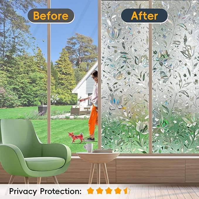 Rainbow Window Privacy Film Decorative, Stained Glass Tint for Home, 3D Decals Clings for Glass Door, Static Cling 29.5" by 78.74"