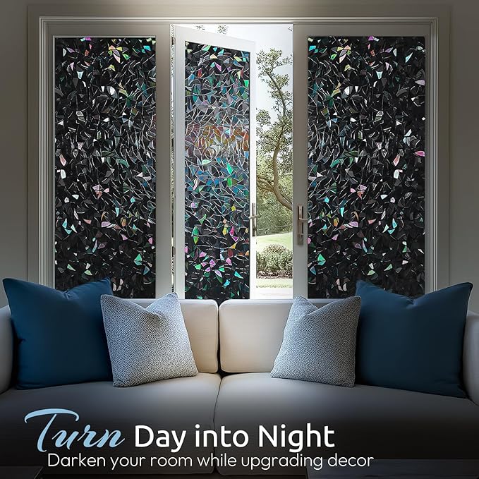 rabbitgoo Window Privacy Film Rainbow Film Decorative Window Sticker, 3D Static Stained Glass Cling Tint for Room Darkening Day Sleep, Black, 17.5 x 157.4 inches