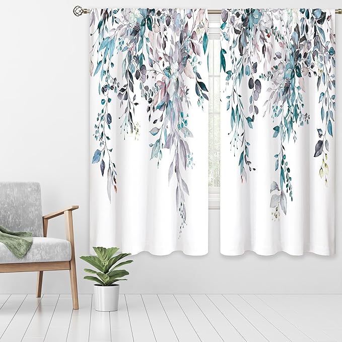 Light Blue Grey Eucalyptus Botanical Leaves Floral Window Curtains Watercolor Flower Plant Wildflower Farmhouse Curtain Drapes Herb Curtains for Bedroom Living Room Treatment 42Wx63H Inch