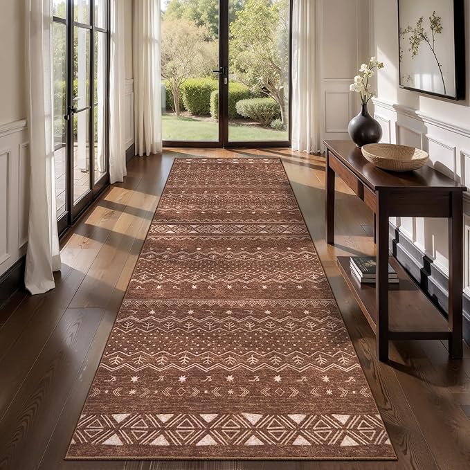 SERISSA Hallway Runner Rug, 2'6"x8' Washable Non-Slip Coffee Brown Boho Rug, Soft Low-Pile Geometric Indoor Long Carpet for Kitchen Laundry Room Bathroom