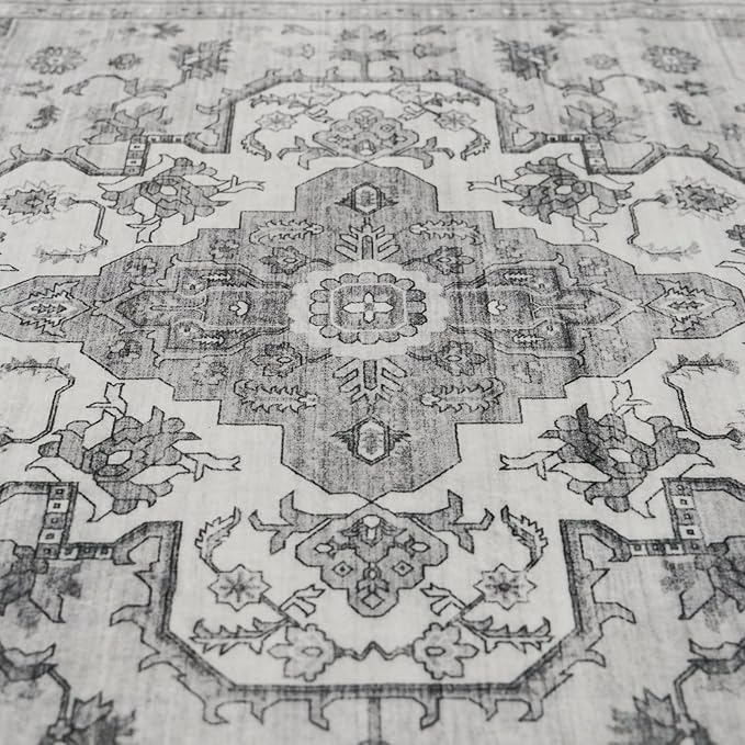 Living Room 9x12 Area Rugs - Large Boho Rugs for Bedroom Stain Resistant Carpet Vintage Tribal Rugs for Kitchen Bathroom with Non Slip Backing Home Decor Floor Decoration Mat 9x12 Grey/White
