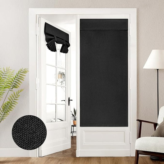 HOMEIDEAS 100% Black Linen Blackout French Door Curtains, Privacy Door Window Curtains, 30 X 68 Inch Room Darkening Blinds, Thermal Insulated Shades for Bedroom, 1 Panel