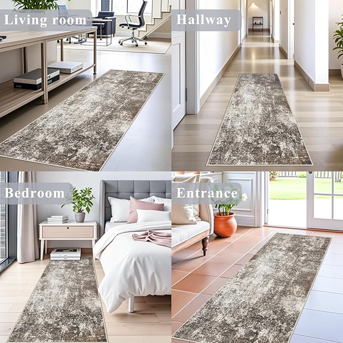 2x6 Runner Rug Non-Slip Washable for Kitchen Hallway - Modern Abstract Neutral Carpet Runner for Bedroom Bedside Laundry Room Entryway – Soft Low-Pile Stain-Resistant (Brown Beige, 2x6)