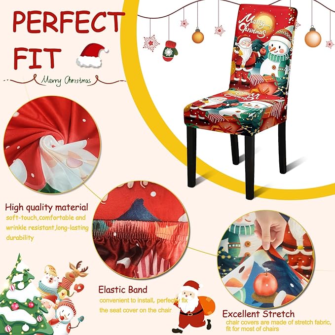 Christmas Chair Covers, Stretch Dining Room Chair Covers Set of 6, Christmas Decoration/Home Decor Chair Protector Slipcovers