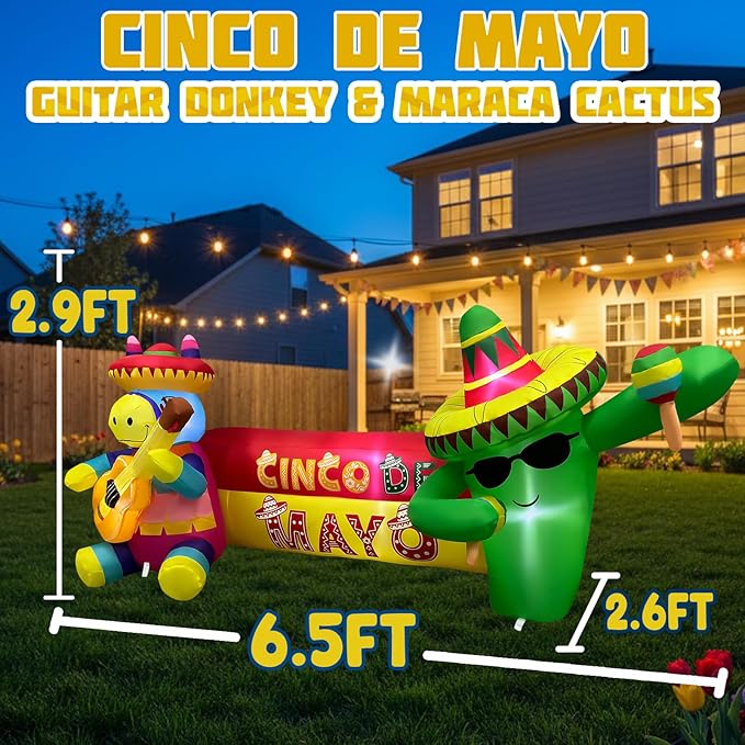 6.5FT Long Cinco De Mayo Inflatables Outdoor Decorations, Guitar Donkey & Maraca Cactus, Mexican Fiesta Blow Up Yard Decor for May 5 Taco Party, Lawn Garden Indoor Outdoor