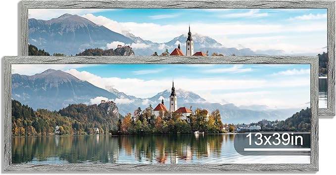 13x39 Puzzle Frame 2 Packs, Real Glass and Rustic Grey Wood Frame, Display Panoramic 13 x 39 Picture Frames - Horizontal or Vertical Wall Mounting