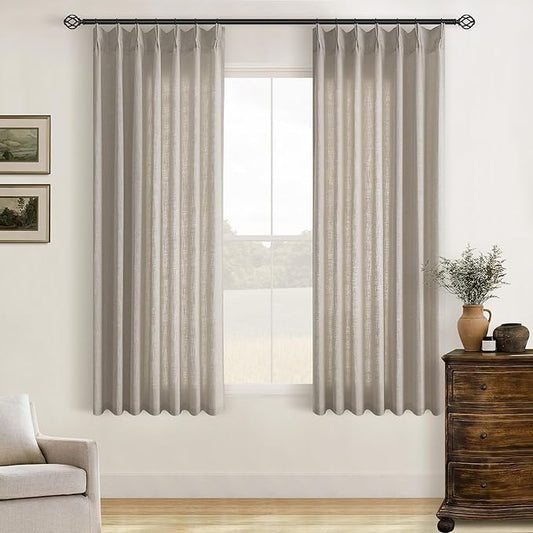 Burlywood Birch Pinch Pleated Linen Curtains 63 Inch Length 2 Panels for Living Room Bedroom Memory Trained Semi Sheer Short Pleat Drapes with Hooks Rings Back Tab Window Curtain Cabin Closet 40x63