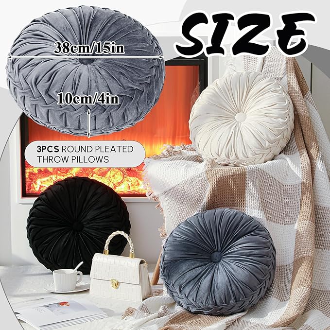 Drydiet 3 Pcs Round Throw Velvet Pillows Decorative Pleated Throw Pillows 15'' Diameter Accent Pumpkin Boho Chair Cushion for Couch Sofa Home Decoration (Black,White,Gray)