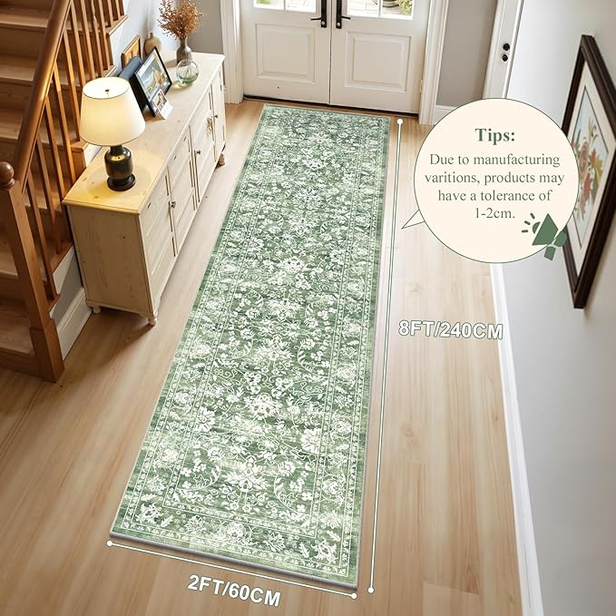 LOKHOM Washable Runner Rug, 2x8 Green Non-Slip Vintage Hallway Runner Rug with Rubber Backing, Boho Floral Soft Faux Wool Kitchen Rug Carpet Runner for Laundry Entryway Bedroom (Tender Green)
