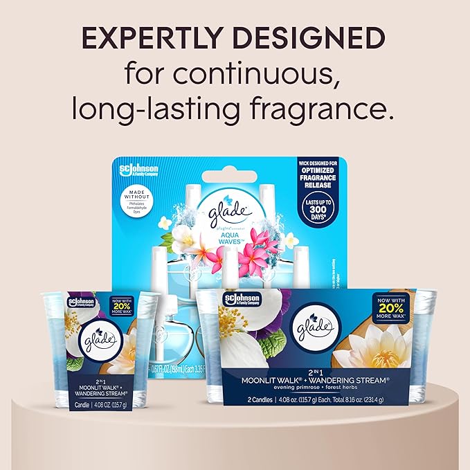 Glade 1-Wick 2in1 Scented Candle Jar, Moonlit Walk & Wandering Stream, Air Freshener Infused with Essential Oils, 4.08 Oz, 3 Count