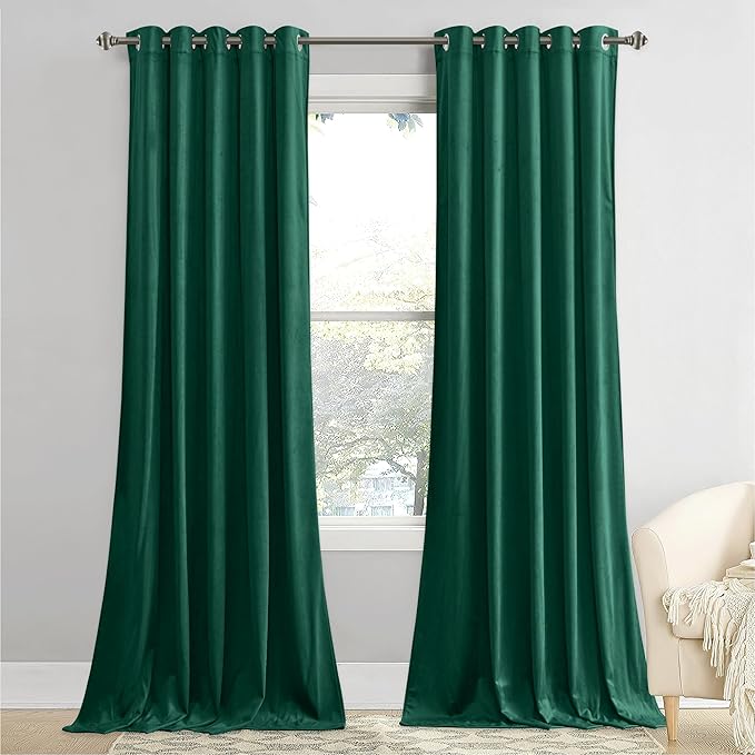 StangH 90 inches Emerald Green Velvet Curtains - 2 Warming Window Covering Panels Heat & Chill Blocking for Nursery Decorative Backdrops for Holiday Party/Birthday, W62 x L90, Set of 2