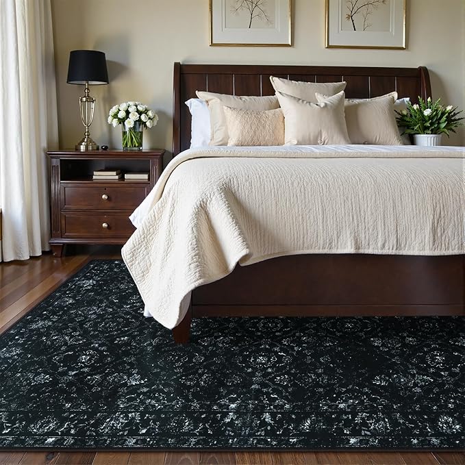 Hedlive Vintage Black Rug for Bedroom, Non Slip Washable Area Rugs 5x7 for Living Room, Ultra-Thin Soft Boho Bedroom Rug for Dining Room Office (5'x7', Black)