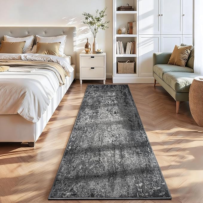 2x12 Black Rug Runners for Hallways Kitchen Runner Rug Non Slip Washable Black Long Runner Rugs with Rubber Backing Soft Abstract Carpet Runner for Bedroom, Kitchen, Bathroom, Entryway