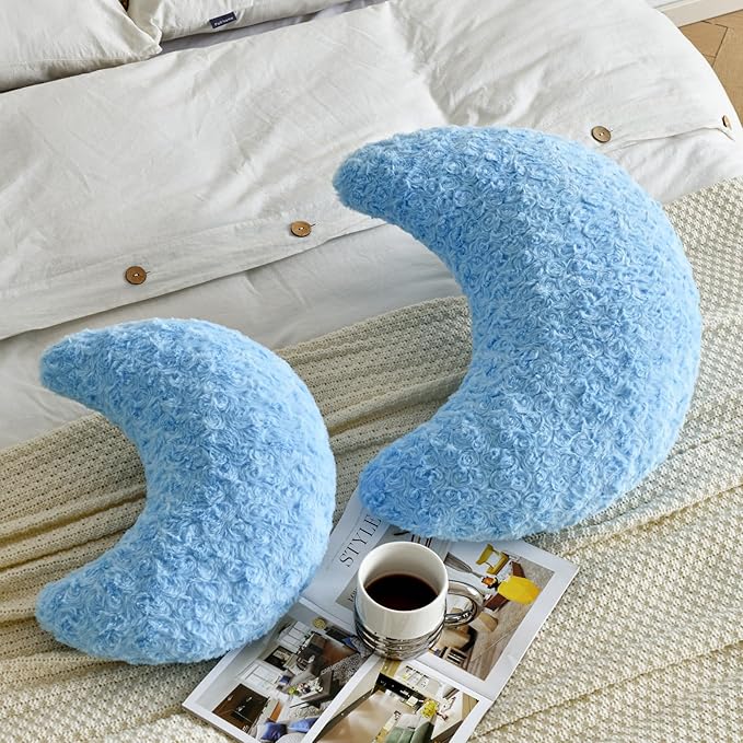 Moon Pillow, Decorative Throw Pillow with Soft Faux Fur for Couch Bed Sofa, Cute Half Moon Pillows with Room Decor for Bedroom Living Room (19 Inches, Blue)