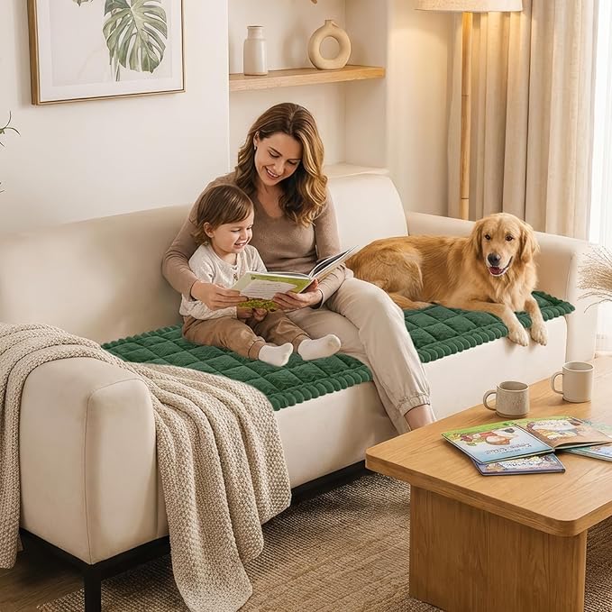 Smiry Non Slip Couch Covers for Dogs, Fuzzy Pet Couch Covers for 3 Cushion Sofa Pet Friendly, Soft Sofa Slipcovers Cushion Furniture Protector Washable (Dark Green, 27.6" x 82.7")