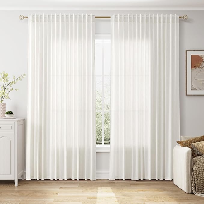 Nanspring Extra Wide 100 Inch Curtains for Living Room 102 Inches Long Linen Farmhouse Sheer Curtains for Sliding Door Beige White Long Curtain for Bedroom Back Tab and Rod Pocket 100x102,2 Panels