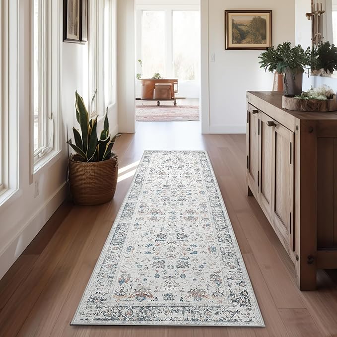 jinchan Runner Rug 2x6 - Hallway Rug Kitchen Washable Runner Vintage Floral Boho Lightweight Thin Non-Slip Retro Distressed Carpet for Entryway Bathroom Bedroom Laundry Room Grey Multi