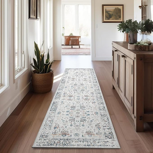 jinchan Runner Rug 2x6 - Hallway Rug Kitchen Washable Runner Vintage Floral Boho Lightweight Thin Non-Slip Retro Distressed Carpet for Entryway Bathroom Bedroom Laundry Room Grey Multi