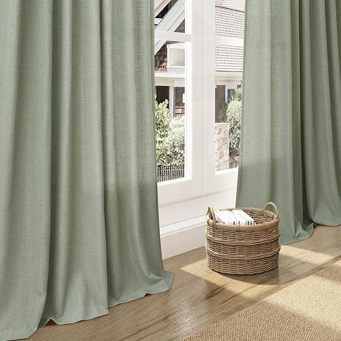 Nanspring Desert Sage Linen Curtains 102 Inches Long Rod Pocket Back Tab Drapes 2 Panels Set for Living Room Bedroom Light Filtering Semi Sheer Desert Sage Curtain 102 Length for Patio Door 52x102