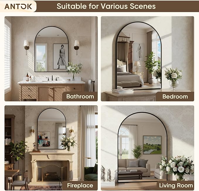 Antok Arched Bathroom Mirror, 30"x40" Wall Mounted Mirror, Vanity Mirrors for Over Sink, Aluminum Alloy Frame Bathroom Mirrors Living Room, Bedroom and Entryway, Black