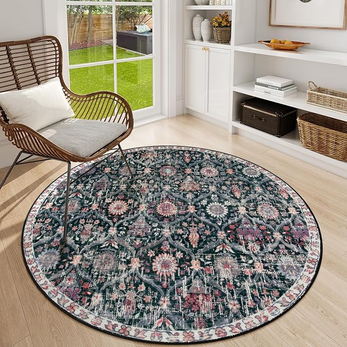 Lahome Moroccan Trellis Washable Round Rugs, Non-Slip Soft Round Rug 4ft Ultra-Thin, Small Vintage Circle Carpet for Entryway Kitchen Bedroom Nursery Bathroom Elise, Black/Multi