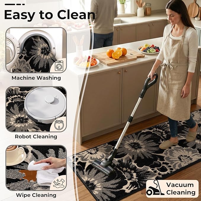 Findosom Hallway Runner Rug 2x8, Non Slip High-Low Textured Floral Washable Runner Rug with Rubber Backing, Boho Carpet Runner for Kitchen, Entryway, Bedroom, Laundry, Black & Beige