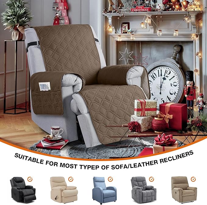 VANSOFY 100% Waterproof Recliner Chair Covers, Recliner Cover Non-Slip Dog Chair Cover Furniture Protector Washable Slipcover with Pocket, Elastic Straps for Pets, Dogs(Brown, 28")