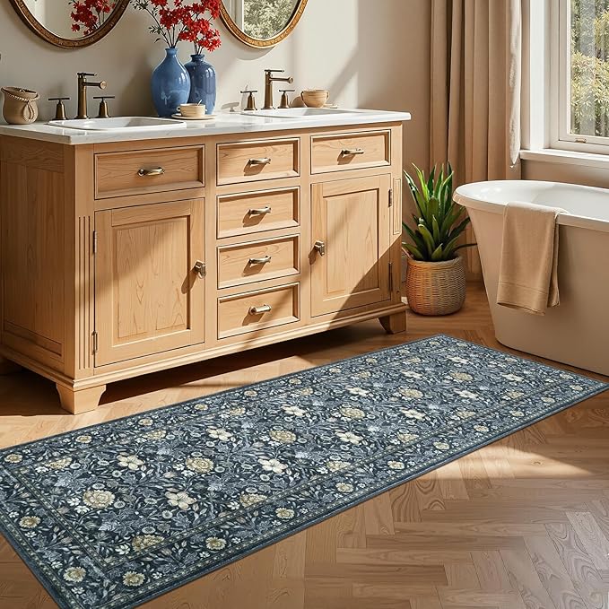 GarveeHome Washable Runner Rug 2x6, Non Slip Floral Kitchen Runner for Hallway Entryway Laundry Bathroom Mat Farmhouse Thin Stain Resistant Carpet for Bedroom Beside Rug