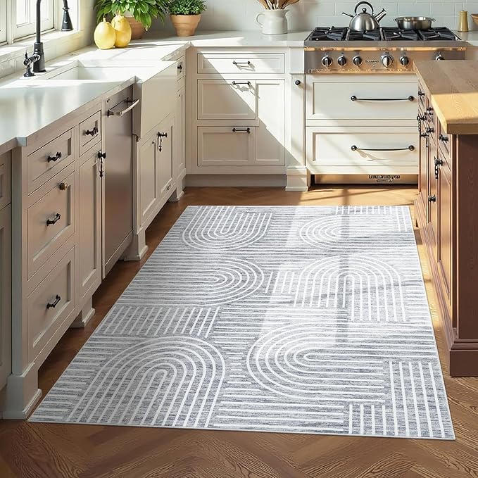 ROYHOME Washable Rug 4x6 Area Rugs for Living Room, Abstract Rug for Bedroom, Soft Rainbow Non Slip Throw Rugs with Rubber Back, Low Pile Stain Resistant Boho Geometric Carpet for Dining Room, Ash
