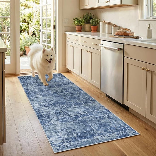 2x6 Washable Kitchen Runner Rug - Modern Abstract Neutral Carpet with Non-Slip Backing Low-Pile Stain-Resistant Thin Runners for Hallway Bathroom Bedroom Entryway (2x6, Blue)