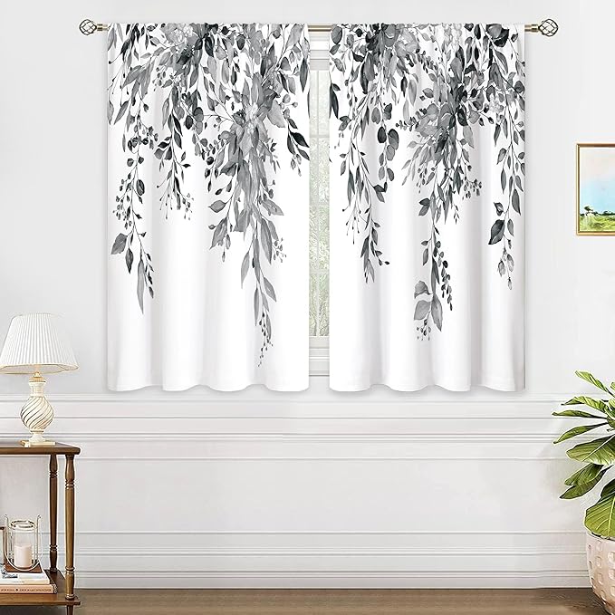 Eucalyptus Botanical Leaves Grey Floral Kitchen Window Curtains Over Sink Farmhouse Flower Leaf Small Window Treatment Cafe Short Curtains for Bathroom Treatment Tier Drapes 26x24 inch