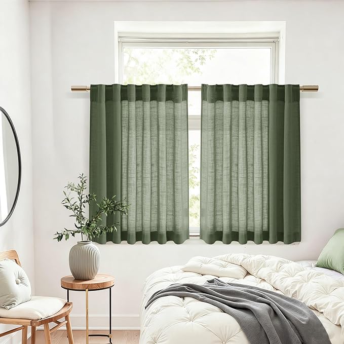 Nanspring Olive Green Linen Curtains 30 Inch Length Short Kitchen, Semi Sheer Light Filtering Panels Back Tab and Rod Pocket Cafe Drapes for Half Window 26 x 30 Inch,2 Panels