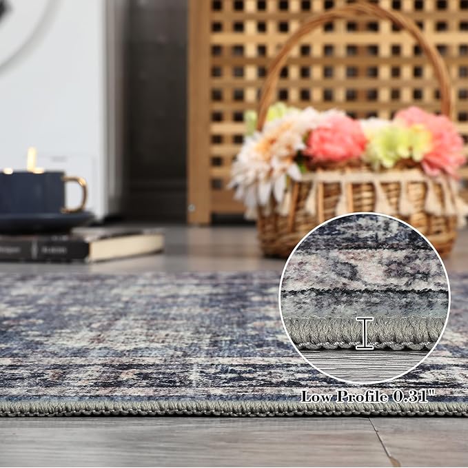 GarveeHome Washable Runner Rugs 2.5x10 for Hallway Kitchen Non-Slip Soft Ultra-Thin Hall Runners Non-Shedding Traditional Floor Carpet Vintage Throw Mat for Bathroom Laundry Blue