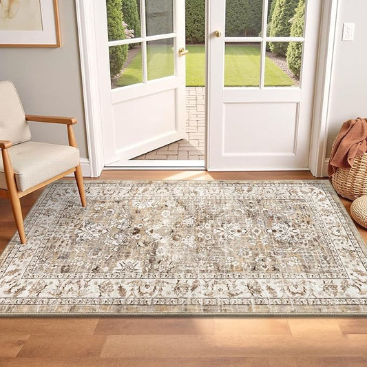 LOKHOM Washable Entryway Runner Rugs, 2x4 Non-Slip Vintage Soft Small Area Rug, Boho Floral Kitchen Runner Carpet Door Mat Indoor Entrance Accent Throw Rugs for Bedroom Laundry (Beige Brown)