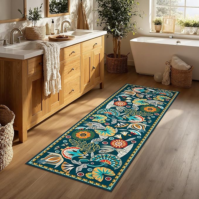 Joydeco Egypt Floral Boho 2x6 Runner Rug for Hallway Entrance, Dark Green Bathroom Kitchen Rug Runner Non Slip Washable, Vintage Ultra-Thin Carpet for Entryway Laundry Room Bed Beside