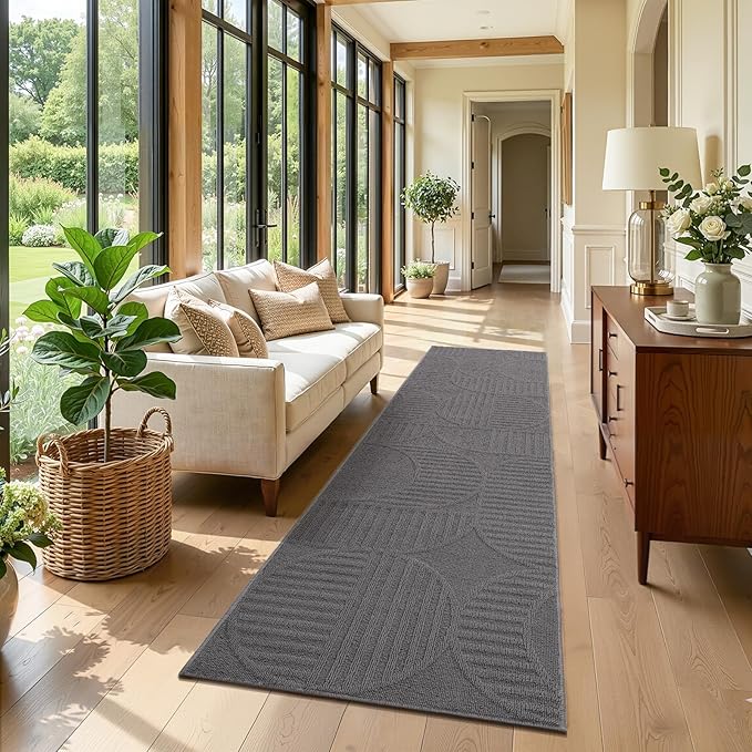 Findosom Washable Runner Rug 2x8, Geometric High-Low Textured Non Slip Hallway Runner Rug with Rubber Backing, Boho Carpet Runner for Kitchen, Bedroom, Laundry, Entryway, Bathroom, Gray