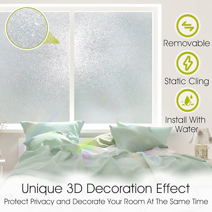 KESPEN Frosted Window Privacy Film Heat Control UV Sun Blocking Glass Stickers Static Cling Non Adhesive Door Coverings Decals for Bathroom Home Office, Sparkling, 29.5 Inch X 13.1 Feet