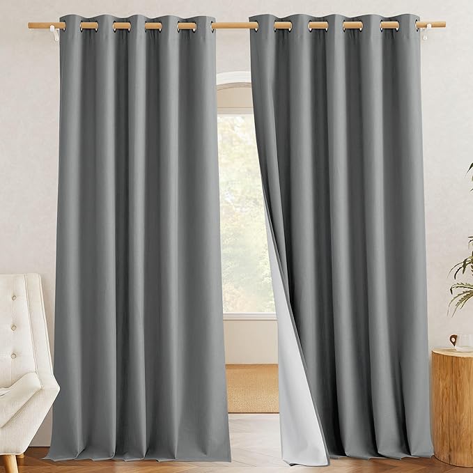 NICETOWN 100% Absolutely Blackout Linen Curtains with Thermal Insulated White Liner, Dove Grey, W62, 2 Pieces, Noise Reducing Textured Linen Look Curtains for Windows 120 inch Length for Classroom
