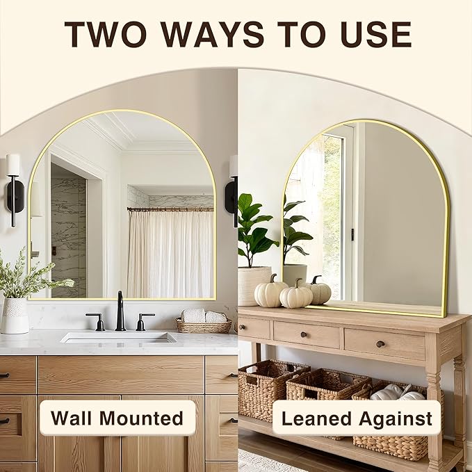 Vanity Bathroom Mirror for Wall, 32”x30” Arched Bathroom Mirror for Over Sink, Arched Metal Frame for Bedroom, Living Room, Entryway, Hanging or Leaning, Gold